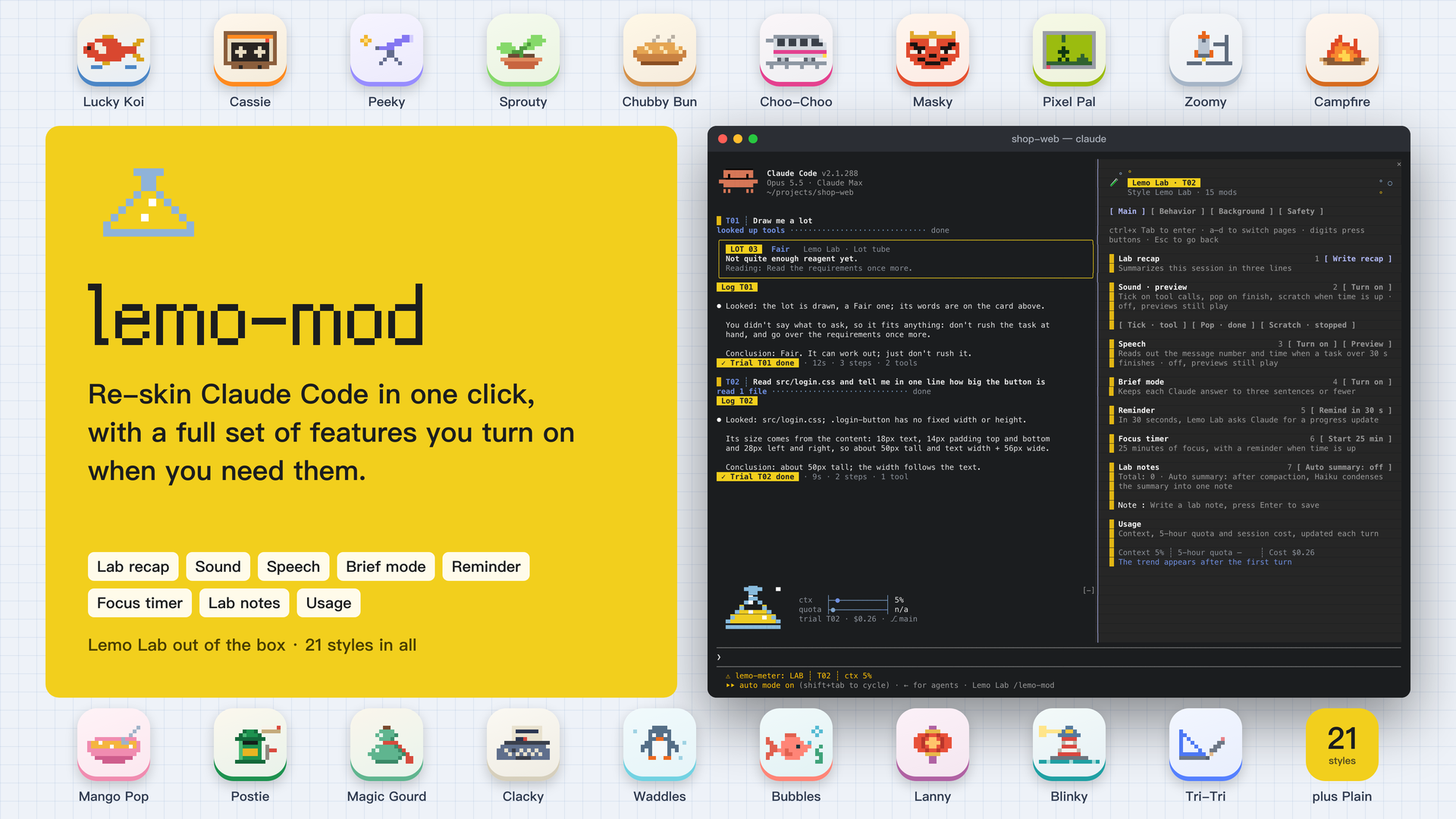 lemo-mod with 21 styles for Claude Code, and a terminal running lemo-mod on the right